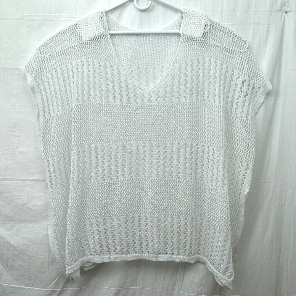 Crochet Bathing Swim Suit Scoop Neck Sleeveless Cover Up Women L White